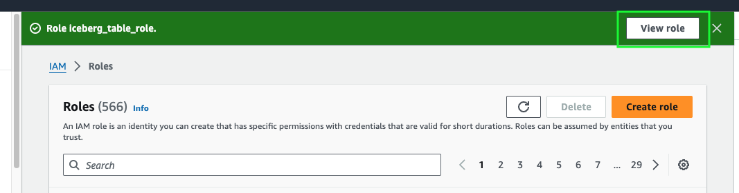 Banner with a link to view the new IAM role.