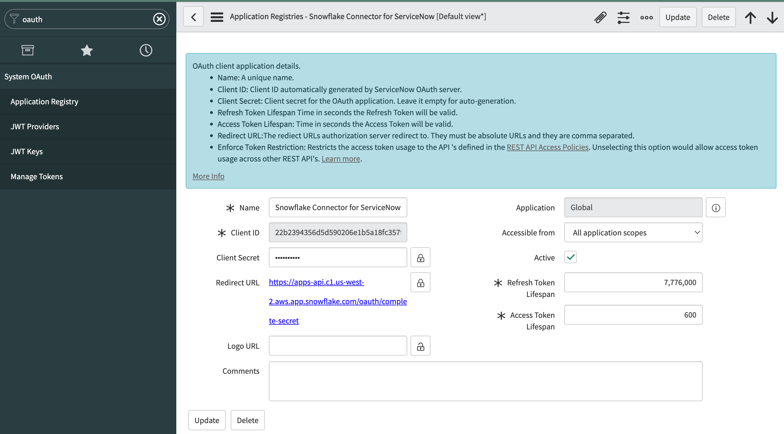 Zeigt die Seite „Anwendungsregistrierung“ in ServiceNow® an.