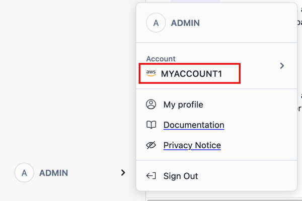 Capture d'écran montrant le menu utilisateur du compte Snowflake Open Catalog avec le nom du compte en surbrillance.