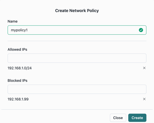 Capture d'écran d'un exemple de politique réseau dans Open Catalog qui utilise la notation CIDR.